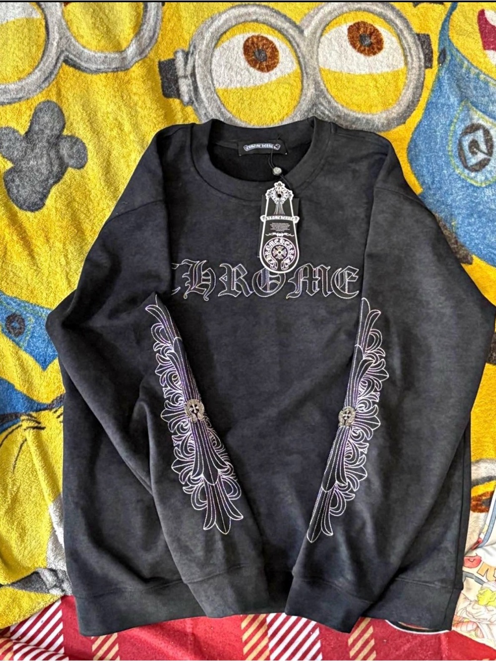 Chrome Hearts Black Sweatshirt with Purple Sleeve Embroidery